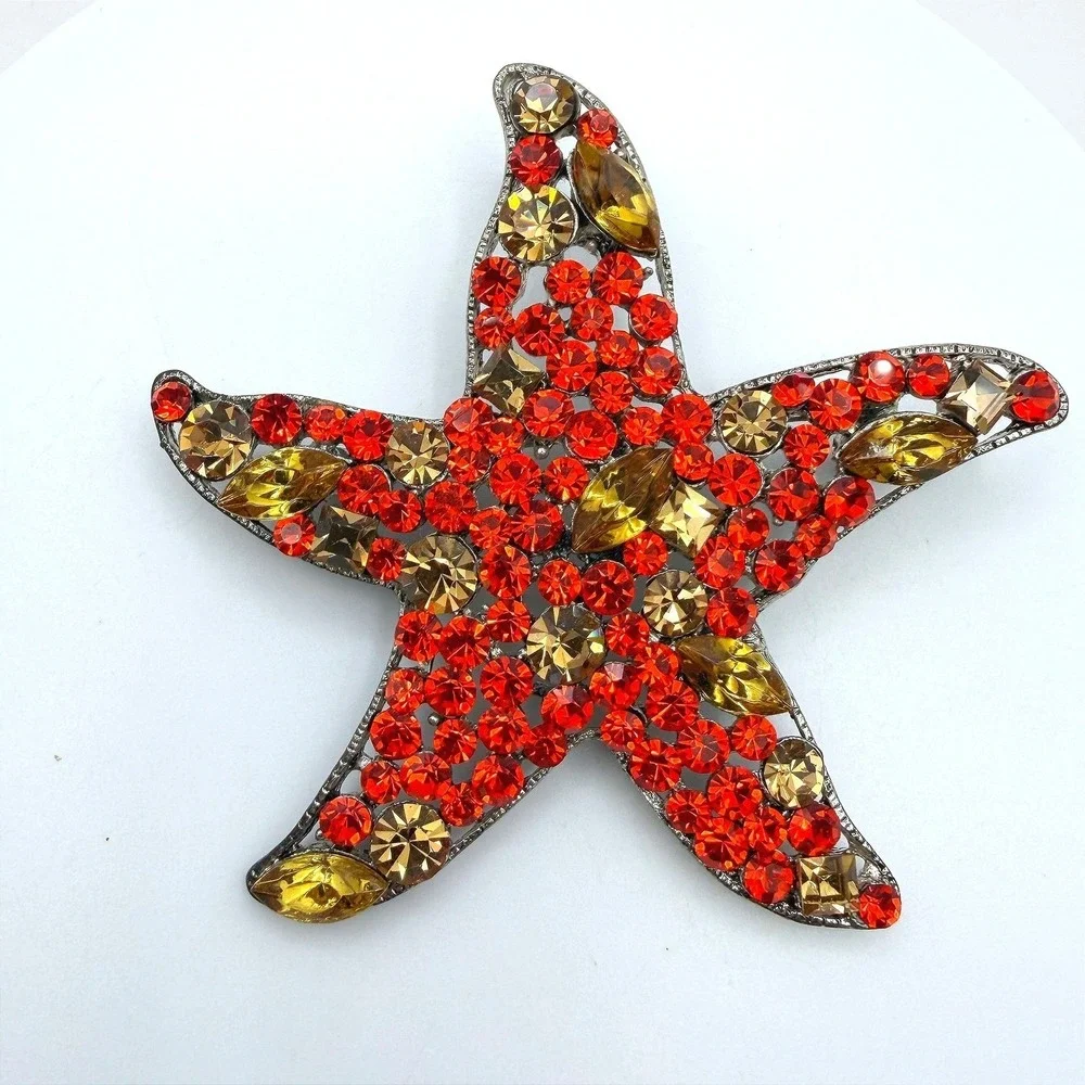 Vintage Red Yellow Rhinestones Silver-Tone‎ Aluminium Starfish-Shaped Brooch Pin